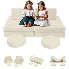 MeMoreCool Modular Kids Play Couch – 8-Piece Beige Foam Sofa and Fort Set Soft Washable Cushions | Creative Toddler Furniture | Indoor Climber & Playroom Gift