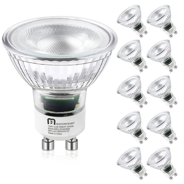 GU10 LED Light Bulbs, Dimmable 5000K Daylight White 5.5W (50 Watt Equivalent), Full Glass Cover Reflector, 25000 Hours, UL Listed, Energy Star, by Mastery Mart (Pack of 10)