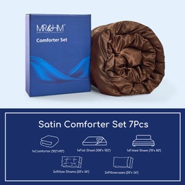 MR&HM Satin Comforter King 7 Pieces - Luxurious Pinch Pleat Bedding Set with Comforter, Flat Sheet, Fitted Sheet, Pillowcases & Shams, Super Silky Soft Bed Set for All Season (King, Brown)