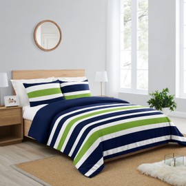 Sweet Jojo Designs Navy Blue Lime Green and White Childrens, Kids, Teen 3 Piece Full/Queen Boys Stripe Bedding Set Collection