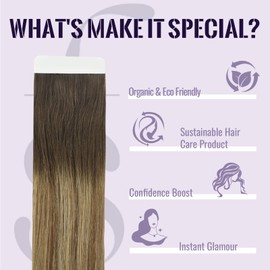 Fshine Tape in Hair Extensions Ombre Darkest Brown Fading to Brown and Caramel Blonde Tape in Human Hair Extensions 14 Inch Soft Remy for Women 20pcs 50 Grams