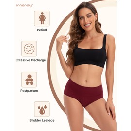 INNERSY Women Period Panties Cotton Incontinence Pants Full Briefs Knickers Multipack 3 (UK12, Wine/Gray/Navy-Dark Lining)
