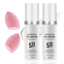 2PCS Full Coverage Foundation with Makeup Sponge,Waterproof Long Lasting Moisturizing Foundation Makeup A