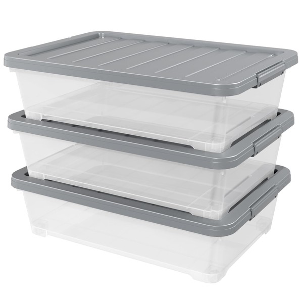 Readsky 3 Packs Large Clear Wheeled Latching Box, 40 L