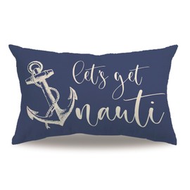 Beach Theme Pillow Covers Double-sided printed Navy Blue Let’s Get Nauti Anchor Coastal Decor Rectangular/Waist Cushion Covers Nautical Summer Home Decor Pillowcases 12”×20” (Navy Blue, 12”×20”)