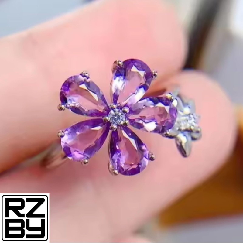 Natural Amethyst Gemstone Adustable Ring, 5 Pear Cut 1.6 Ctw,