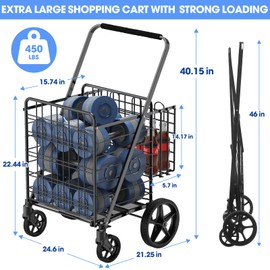 450lbs Capacity Shopping Cart,Upgrade Huge Grocery Cart on Wheels,Heavy Duty Foldable Utility Shopping Carts with Double Basket and 360° Rolling Swivel Wheels for Groceries Laundry Transport 1