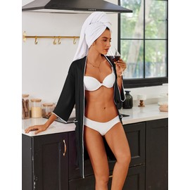 Ekouaer Robes for Women Ribbed Knit Bathrobe Soft Lightweight Knee Length Kimono Robe Ladies Sleepwear with Pockets