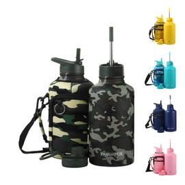 FAHRMOSIS 64 Oz Insulated Water Bottle with Strap Stainless Steel Sports Water Bottle with 3 Lids (Straw, Chug and Flip Lid) Leak Proof Metal Half Gallon Jug for Men & Women - Camo