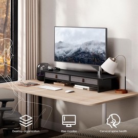 Fenge Dual Monitor Stand, 2 Tiers Monitor Riser for Desk, 35 Inch Computer Stand with 2 Drawer, Desk Shelf for Home, Office, Laptop, PC, TV, Printer