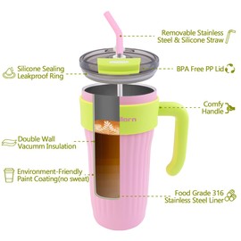 PHILORN Stainless Steel Tumblers, 27oz Pink Tumbler with Handle and Straw | Leak Proof Tumbler Insulated Tumblers | Thermal Cups for Hot & Cold Drinks | Gift for Girl Women| Kids Tumbler for Outdoor