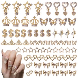 78Pcs Gold Nail Charms Gem Kit, 12 Styles Alloy Nail Art Charm, Assorted Butterfly Crown Hollow Planets Star Metal Nail Jewelry 3D Nail Gems Charms for Nails Design Nail Art Supplies