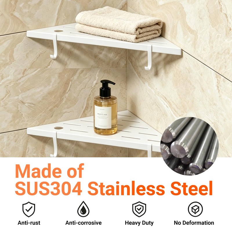 Corner Shower Shelves, 10" white 304 Stainless Steel Recessed Shelf