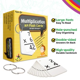 Star Right Multiplication Flash Cards - 169 Hole-Punched Math Study Multiplication Cards with 2 Binder Rings - Times Tables Practice Set for Kids Ages 8 and Up at Home or School
