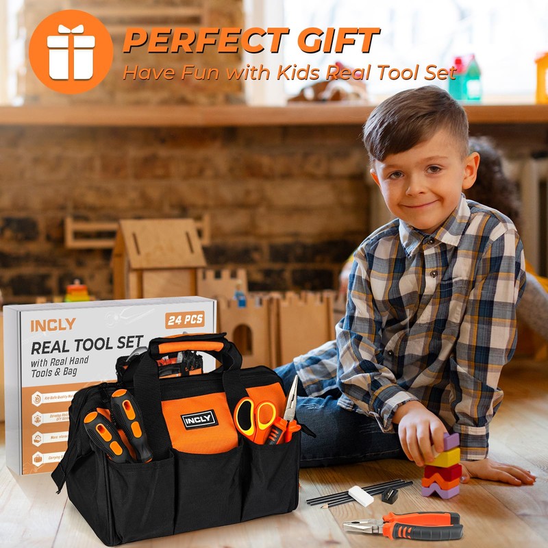 INCLY 24 PCS Kids Real Tool Set with Tool Bag,