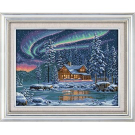 YEESAM ART Cross Stitch Kits Stamped for Adults Beginner Kids, The Aurora Borealis 11CT 70×55cm DIY Embroidery Needlework Kit with Patterns Needlepoint Christmas