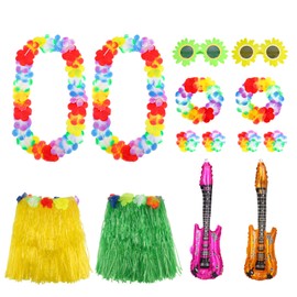 Hawaii Costume Women's Set, 14-in-1 Hawaiian Skirt Outfit, Women's Hawaiian Party Costume for Beach Party, Decoration, Hawaiian Hula Grass Skirt Set, Hawaiian Chain Flowers, Flowers Sunglasses,