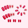 Uñas postizas cuadradas rojas con estampado floral, acrílicas, de cobertura
