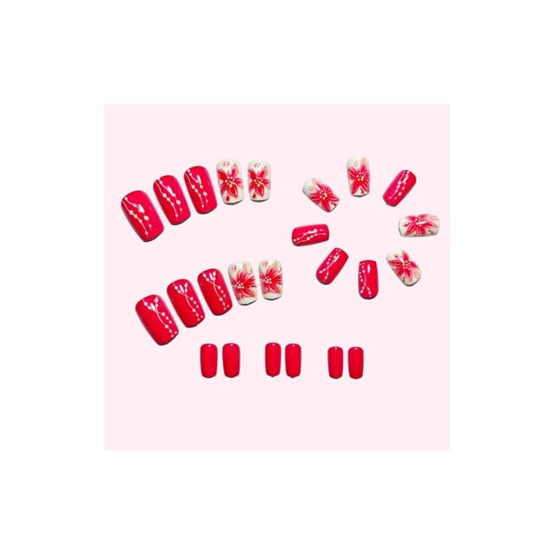 Uñas postizas cuadradas rojas con estampado floral, acrílicas, de cobertura