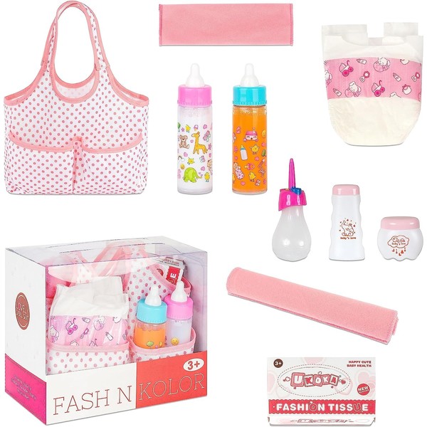 fash n kolor Diaper Bag Doll Accessories Set with Feeding Bottles, Baby Diaper, Tissues, and Cloth Blanket. Complete Diaper Bag kit with 9 Accessories. Comes Packed in a Mommy Bag