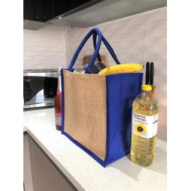 Eastern Thread Mill Medium Large Natural Jute Tote Bag with Blue Sides & Handles, 30cm x 30cm x 20cm