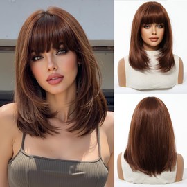 MS.FEEL Short Straight Layered Wig With Bangs Ombre Synthetic Wigs for Women (Brown, 12 Inch)