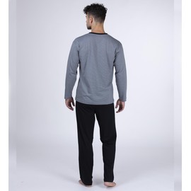 Moonline - Men's Long Pyjamas 100% Cotton with V-Neck and Striped Design, gray