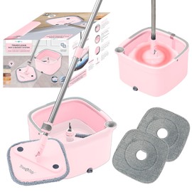 True & Tidy® True Clean Mop and Bucket System, Includes Square Spin, Dual Compartment Mop Bucket and 2 Thick Machine Washable Pads New Upgraded with Side Brush & Self Standing Handle, Rose