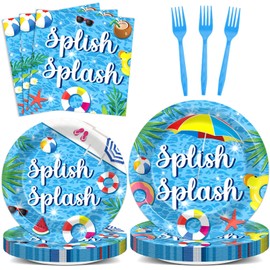 96Pcs Splish Splash Party Plates and Napkins Pool Birthday Party Supplies Paper Dessert Plates Splish Splash Bash Tableware Set for 24 Guests Summer Beach Hawaiian Birthday Party Favors Decorations