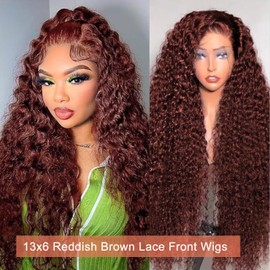 Reddish Brown Lace Front Wigs Human Hair 13x6 Reddish Brown Curly Lace Front Wig 180 Density 33# Deep Wave HD Lace Frontal Wigs Human Hair Pre Plucked for Women Auburn Colored Human Hair wig 18inch
