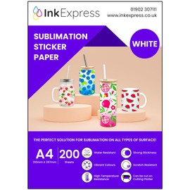 Ink Express A4 White Sublimation Sticker Paper - Compatible with Epson, Sawgrass Sublimation Printers - Vivid Colour, Glossy, White, Water Resistant (200 Sheets)