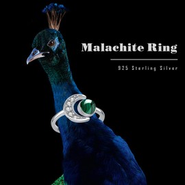 CUOKA MIRACLE Moon Ring, S925 Sterling Silver Crescent Moon Ring Open Ring Adjustable Ring Gift for Women, Metal, Malachite