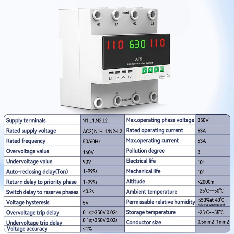 63A 110V Automatic Transfer Switch 50/60Hz Dual Power L1 Priority