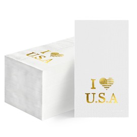 Horaldaily 50 4th of July Disposable Paper Decorative Guest Napkins, White Gold American Flag Heart Hand Towel for Party Lunch Dinner Kitchen Bathroom