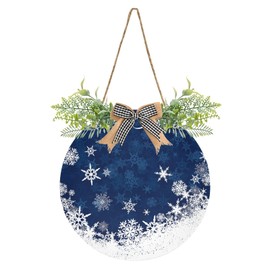 Oyihfvs Merry Christmas Snowflakes While Blue Door Hanging Sign, 12" Merry Christmas Front Plaque Board Round Wreath for Daily Holiday Welcome Home Garden Yard Wall Pediments