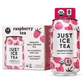 Just Ice Tea, Raspberry Flavored Black Iced Tea, 12-Pack (12oz Cans), USDA Certified Organic, Low Calorie, No Artificial Sweeteners, Fair Trade, Made in USA.