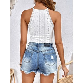 SHENHE Women's Solid Halter Neck Contrast Lace Eyelet Embroidered Sleeveless Bodysuit, White, Small