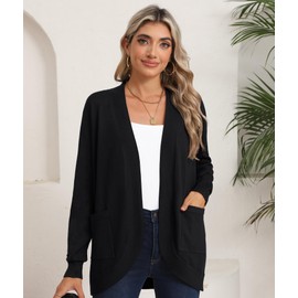 LILBETTER Womens' Black Long Sleeve Knit Sweater Cardigans Curved Hem Open Front with Pockets(Black X-Large)