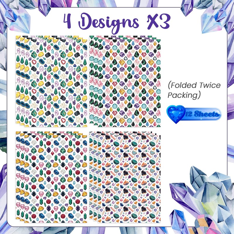 Pineraap Crystal Wrapping Paper 12 Sheets Gemstones Precious Stones Themed