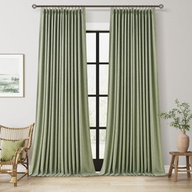 Light Sage Pinch Pleated Flax Linen 100% Blackout Curtains for Living Room Bedroom 108 Inch Length 2 Panels Double Layer Pinch Pleat Soft Green Black Out Dining Room Curtains Thermal Insulated Drapes