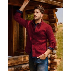PJ PAUL JONES Men's Cardigan with Buttons and Cable Knit Chunky Knit Stand-Up Collar Cardigan, red, XXL