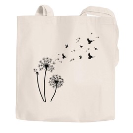 Autiga® Jute Bag Dandelion Birds Cotton Bag Fabric Bag Shoulder Bag Shopping Bag Natural 2 Long Handles