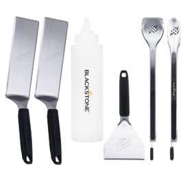 BLACKSTONE Blackstone 5464 Griddle Tool Kit Outdoor Indoor Grill BBQ Utensils Cooking Accessories-Heat ResistantC 2 Long Spatulas, 2 Angled Scraper Classic Tong, 1 (32oz) Squeeze Bottle, Black, Silver, White