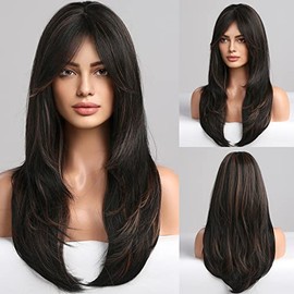 HAIRCUBE Pelucas Negras Para Mujer, Largo Capas Negro Con Rubias Destacado Pelucas Con Flequillo Pelucas De Fibra Sintética Resistente Al Calor (Peluc
