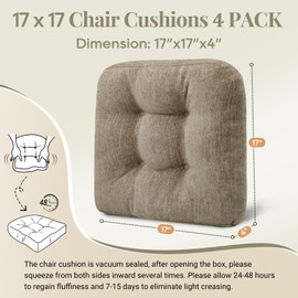 Basic Beyond Chair Cushions for Dining Chairs, Non-Slip Chair Pads, Thick Seat Cushions for Dining Room Chairs, Kitchen Chair Cushions Set of 4, 17" x 17" x 4", Khaki