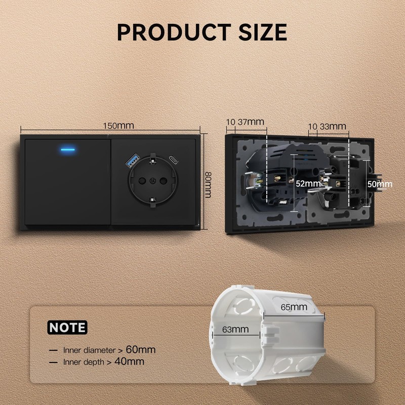 BSEED Light Switch with Socket USB C Matt, 20 W