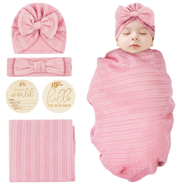 Vicloon Newborn Receiving Blanket, Newborn Swaddle Blanket with Headband Set,