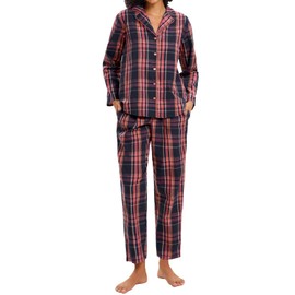 Navisting 100% Cotton Lightweight Plaid Pajama Set for Women Long Sleeve Long Pants Women's Pajama L Blue-Pink Check