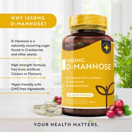 Nutravita D-Mannose 1650mg High Strength Capsules C 180 Vegan Friendly Capsules (Not Tablets) C 100% Natural Premium D Mannose Supplement C Made in The UK by Nutravita