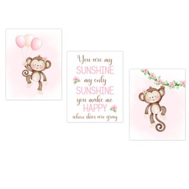 Girl Monkey Baby Nursery Wall Art You Are My Sunshine Toddler Bedroom Baby Nursery Decor SET OF 3 UNFRAMED PRINTS